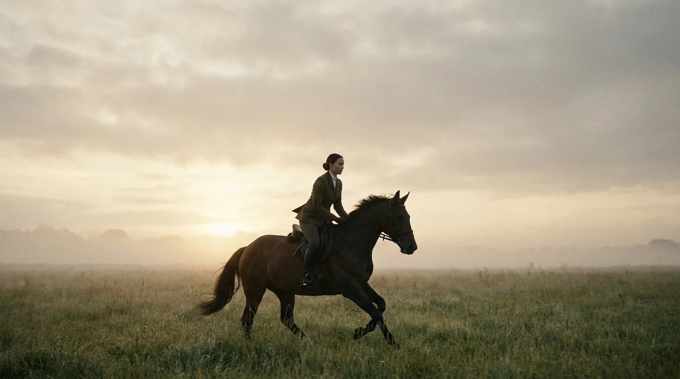 Jinete montando a caballo al amanecer